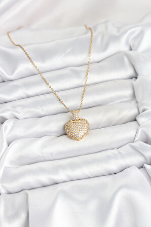 316L Çelik Zincir Gold Renk Zirkon Taşlı Kalpli Kadın Kolye