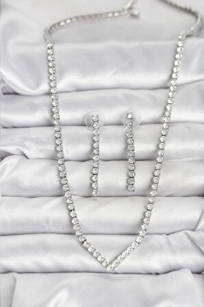 Gümüş Renk Zirkon Taşlı Kadın Kolye Küpe Seti