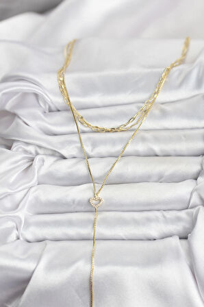 Pirinç Gold Renk Kalp Detaylı 3'lü Kombin Y Kadın Kolye