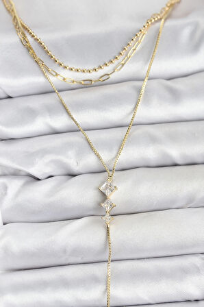 Pirinç Gold Renk Zirkon Taş Detaylı 3'lü Kombin Y Kadın Kolye