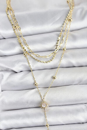 Pirinç Gold Renk Güneş Model Detaylı 3'lü Kombin Y Kadın Kolye