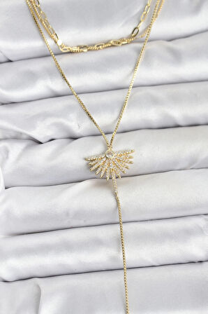 Pirinç Gold Renk Zirkon Taşlı Yelpaze Model Detaylı 3'lü Kombin Y Kadın Kolye