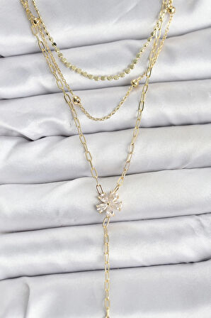 Pirinç Gold Renk Zirkon Taşlı Çiçek Model Detaylı 3'lü Kombin Y Kadın Kolye