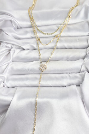 Pirinç Gold Renk Zirkon Taşlı Çiçek Model Detaylı 3'lü Kombin Y Kadın Kolye