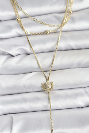 Pirinç Gold Renk Zirkon Taşlı Güneş Model Detaylı 3'lü Kombin Y Kadın Kolye