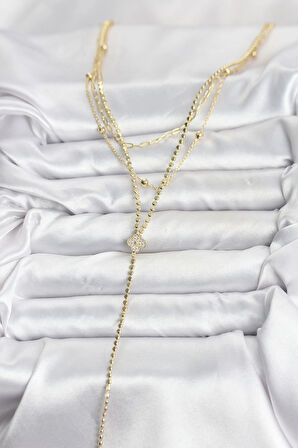 Pirinç Gold Renk Zirkon Taşlı Yonca Model Detaylı 3'lü Kombin Y Kadın Kolye