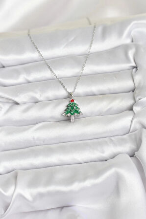 316L Çelik Zincir Gümüş Renk Çam Ağacı Model Yılbaşı Temalı Kadın Kolye