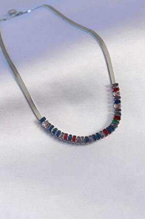 316L Çelik Gümüş Renk İtalyan Zincir Model Renkli Zirkon Taşlı Kadın Kolye