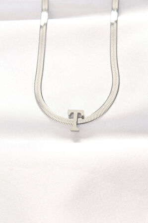316L Çelik T Harfli Silver Renk İtalyan Zincirli Kolye