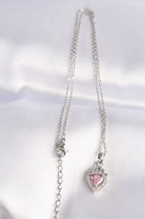 316L Çelik Zincir Gümüş Renk Pembe Zirkon Taşlı Rapunzel Kolye