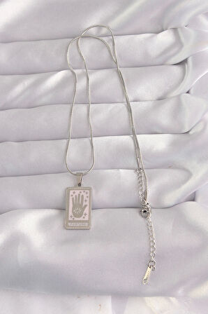 316L Çelik Gümüş Renk Pembe Mineli El Figür Tarot Kolye