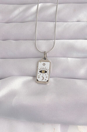 316L Çelik Gümüş Renk Beyaz Mineli Göz Figür Tarot Kolye