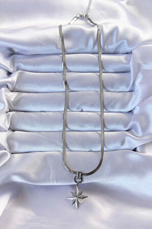 316L Çelik Gümüş Renk Zirkon Taşlı İtalyan Zincirli Kutup Yıldızı Kolye