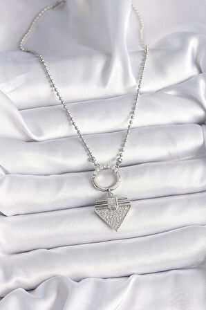 316L Çelik Gümüş Renk Topçuk Zincir Zirkon Taşlı Üçgen Model Kadın Kolye