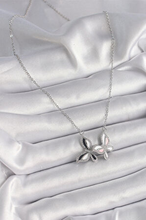 316L Çelik Gümüş Renk Zincir Zirkon Taşlı Renkli Kelebek Model Kadın Kolye