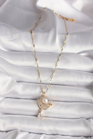 316L Gold Renk Zirkon Taşlı Ay Yıldız Model Sallantı Detay Kadın Kolye