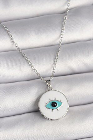 316L Çelik Gümüş Renk Zincir Beyaz Mineli Turkuaz Göz İşleme Model Kadın Kolye