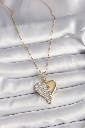 316L Çelik Gold Renk Zincir Zirkon Taşlı Kırık Kalp Model Kadın Kolye