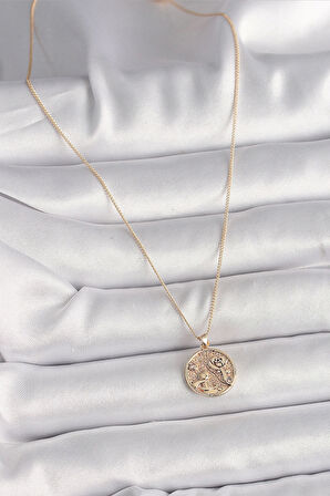 Pirinç Gold Renk Zirkon Taş Detaylı Gül İşleme Madalyon Model Kadın Kolye