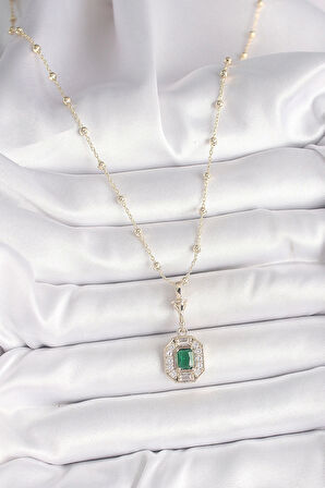 Pirinç Gold Renk Zirkon Taşlı Topçuk Zincir Serenay Model Kadın Kolye