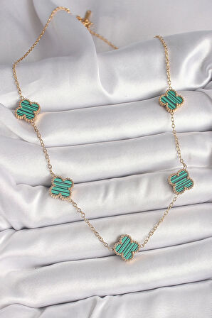 316L Çelik Gold Renk Zincir Yeşil Yonca Model Kadın Kolye