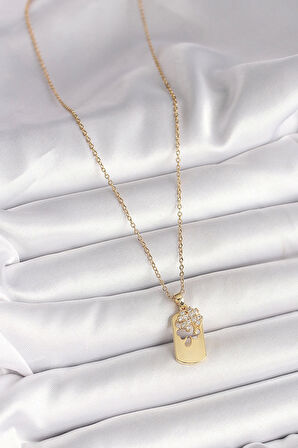 316L Çelik Gold Renk Zincir Zirkon Taşlı Yonca Model Kadın Kolye