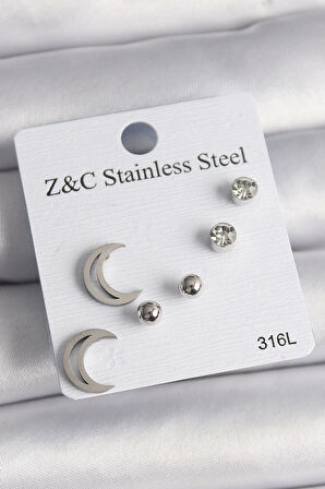 316L Çelik Gümüş Renk Zirkon Taşlı Hilal Model Kadın Küpe Seti