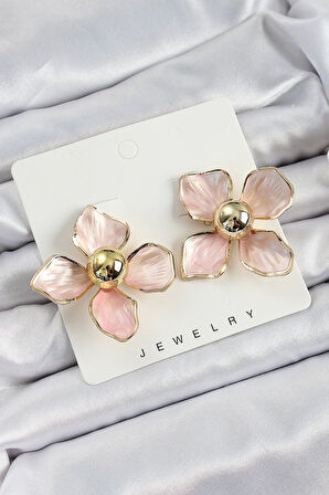 Pirinç Pembe Çiçek Vintage Model Gold Renk Kadın Küpe