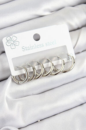316L Çelik Halka Model Gümüş Renk 3'lü Set Kadın Küpe