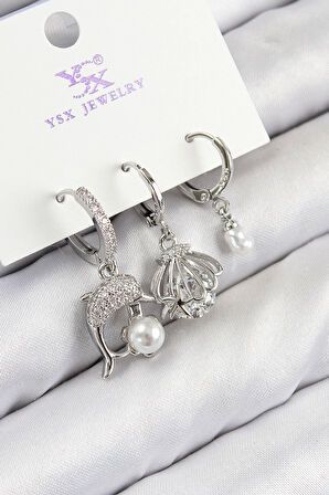 Pirinç Zirkon Taşlı 3'lü Yunus Balığı Ve İstiridye Model Gümüş Renk Kadın Küpe