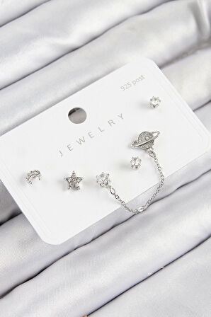 Pirinç Zirkon Taşlı Yıldız Ve Gezegen Model Gümüş Renk 925 Ayar Gümüş Çivi Kadın Küpe Set