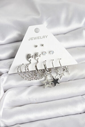 Pirinç Gümüş Renk 6'lı Kadın Küpe Seti