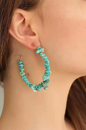 Turkuaz Renk Taşlı Yarım Halka Küpe