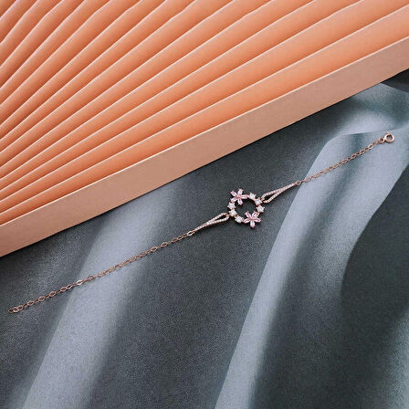 Gümüş Rose Pembe Çiçek Kadın Bileklik