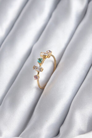 Gold Renk Zirkon Taşlı Renkli Zirkon Taşlı Kadın Yüzük