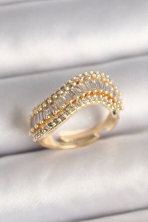 Pirinç Gold Renk Su Yolu Zirkon Taşlı Dalga Model Ayarlanabilir Kadın Yüzük