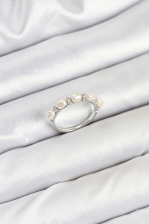 Pirinç Gümüş Renk Sıralı İncili Kadın Yüzük