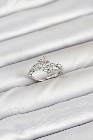 Pirinç Gümüş Renk Zirkon Taşlı Kelebek Model Kadın Yüzük