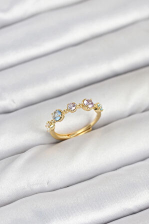 Pirinç Gold Renk Renkli Zirkon Taşlı Kadın Yüzük