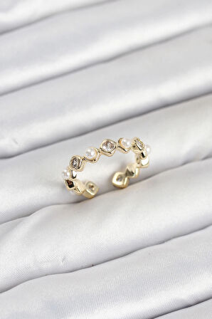 Pirinç Gold Renk Zirkon Taşlı İncili Kadın Yüzük