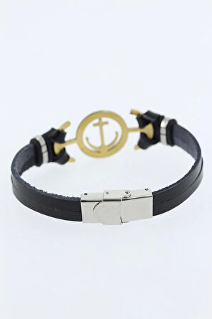 Gold Renk Deniz Çapası Figürlü Metal Aksesuarlı Siyah Renk Deri Erkek Bileklik