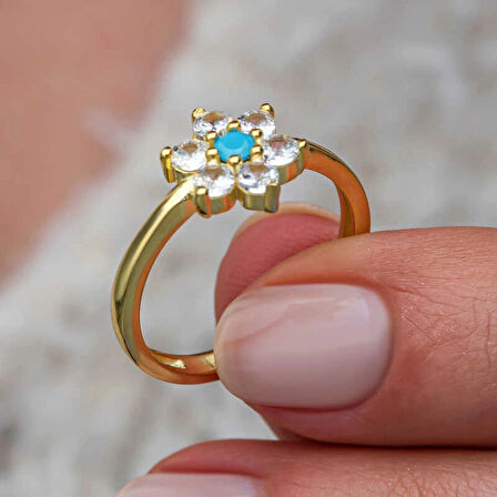 Gümüş Mavi Taşlı Gold Çiçek Kadın Yüzük