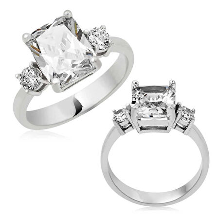 Gümüş Kare Montür Üç Taş Kadın Yüzük