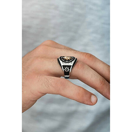 Gümüş Çapa Detaylı Pusula Erkek Yüzük