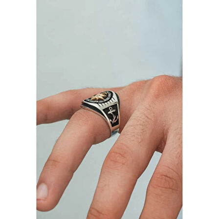 Gümüş Çapa Detaylı Pusula Erkek Yüzük