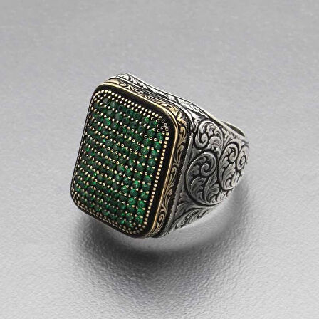 Gümüş Yeşil Zirkon Taşlı Kare Erkek Yüzük