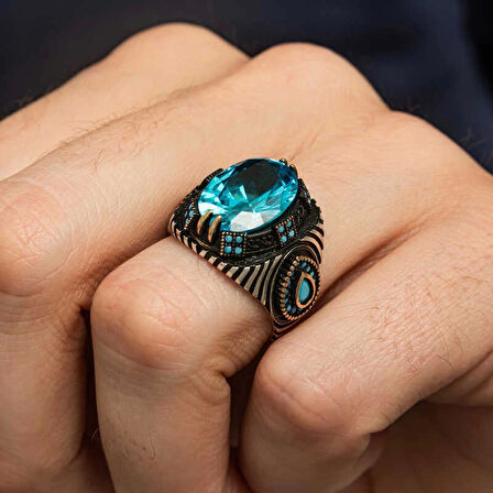 Gümüş Mavi Fasetli Taşlı Erkek Yüzük