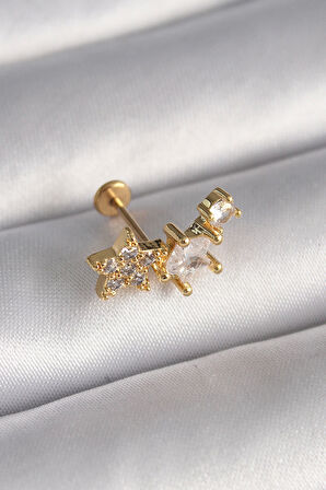 316L Çelik Gümüş Renk Zirkon Taşlı Yıldız Model Tragus Piercing