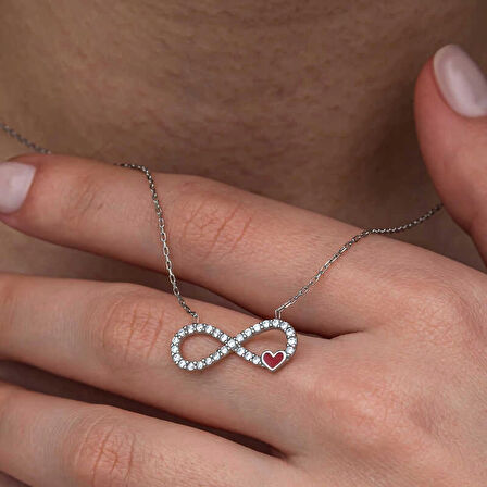 Gümüş Sonsuzluk Kırmızı Kalpli Kadın Kolye