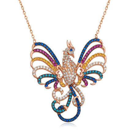 Gümüş Rose Zümrüdü Anka Kuşu Kadın Kolye